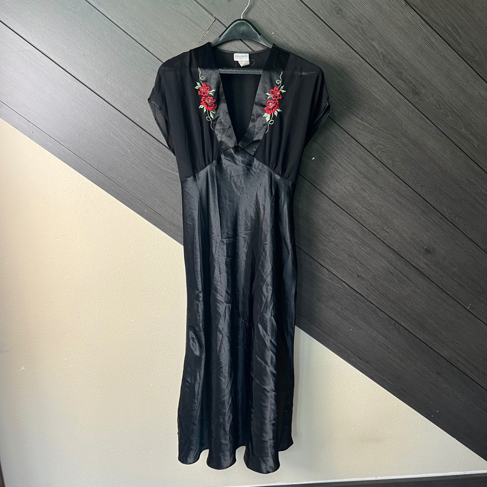 Delicates Women's‎ Embroidered Floral Satin Sheer Babydoll Dress Large Black Y2K